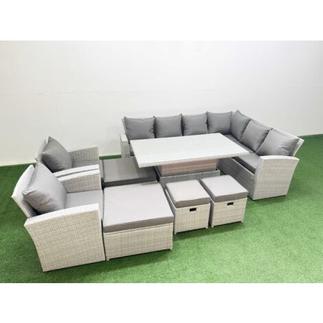 Fimous 12 Seat Rattan Garden Furniture Corner Sofa Set Outdoor Adjustable Lifting Dining or Coffee Table Set with Armchair Light Grey