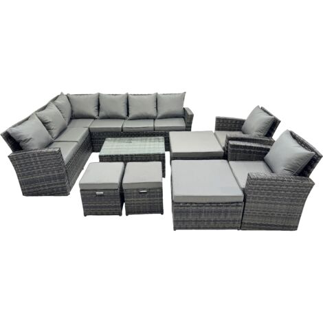 Fimous 12 Seat Rattan High Back Corner Sofa Set Patio Coffee Table Sets with 4 Stools 2 Chairs Dark Grey Mixed