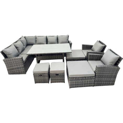 Fimous 12 Seat Rattan High Back Corner Sofa Set Patio Dining Table Set with 4 Stools 2 Chair Dark Grey Mixed