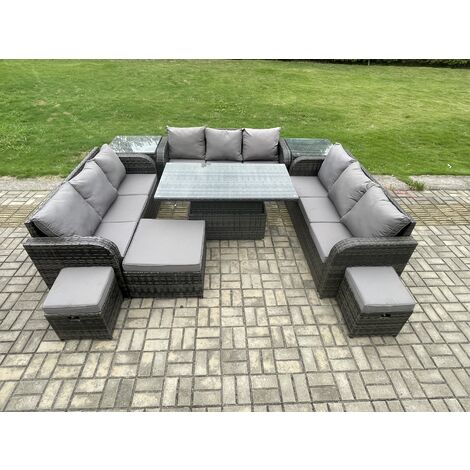 Fimous 12 Seater Garden Dining Sets Outdoor Rattan Furniture Lounge Sofa Height Adjustable Rising lifting Table With 2 Side Tables 3 Footstools Dark Grey Mixed