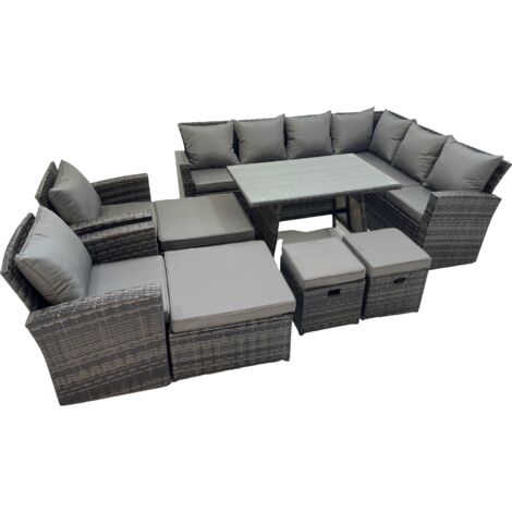 Fimous 12 Seater Garden Outdoor Rattan Furniture Set Rattan Corner Sofa Oblong Dining Table with 2 Armchairs 4 Footstools Dark Grey