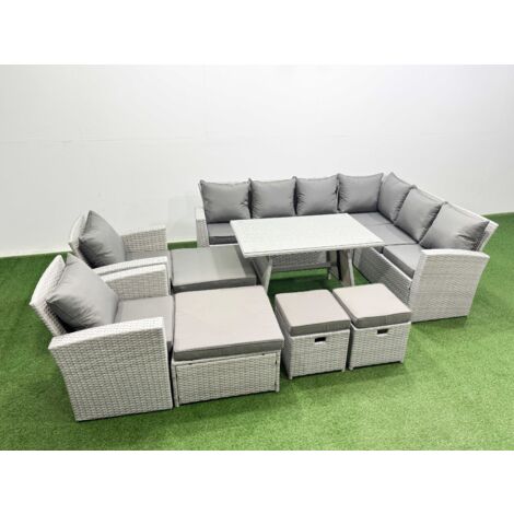 Fimous 12 Seater Garden Outdoor Rattan Furniture Set Rattan Corner Sofa Oblong Dining Table with 2 Armchairs 4 Footstools Light Grey Mixed