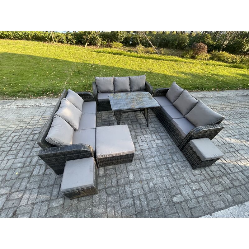 Fimous - 12 Seater Wicker Rattan Garden Furniture Set with Rectangular Dining Table 3 Footstools Patio Outdoor Lounge Sofa Set