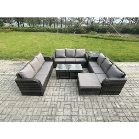 Fimous 12-Sitzer Polyrattan Gartenmöbel Set Patio Sofa Set mit Couchtisch 3 Hockern Beistelltisch Dunkelgrau Gemischt