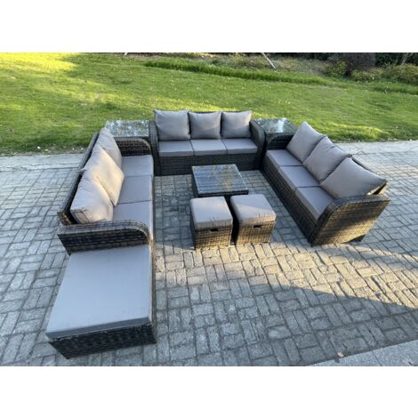 Fimous 12-Sitzer Rattan Gartenmöbel Set im Balkon Set Patio Garten Sofa Set mit Quadratischer Couchtisch 3-Sitzer Sofa 3 Hockern 2 Beistelltischen Dunkelgrau Gemischt
