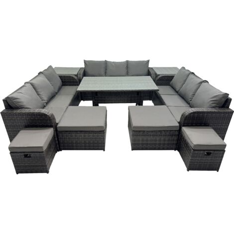 Fimous 13 Seater Garden Outdoor Rattan Furniture Set Rattan Sofa Oblong Dining Table with 2 Side Table 4 Footstools Dark Grey