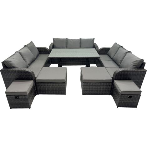 Fimous 13 Seater Garden Outdoor Rattan Furniture Set Rattan Sofa Oblong Dining Table with 4 Footstools Dark Grey