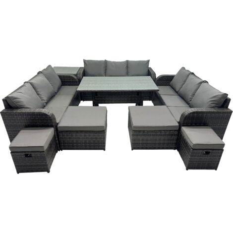 Fimous 13 Seater Garden Outdoor Rattan Furniture Set Rattan Sofa Oblong Dining Table with Side Table 4 Footstools Dark Grey