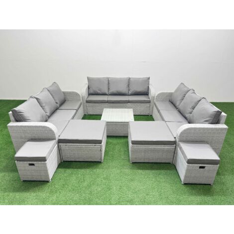 Fimous 13 Seater Outdoor Garden Furniture Set PE Rattan Lounge Sofa Set with Coffee Table 3 Seater Sofa 4 Footstools Light Grey