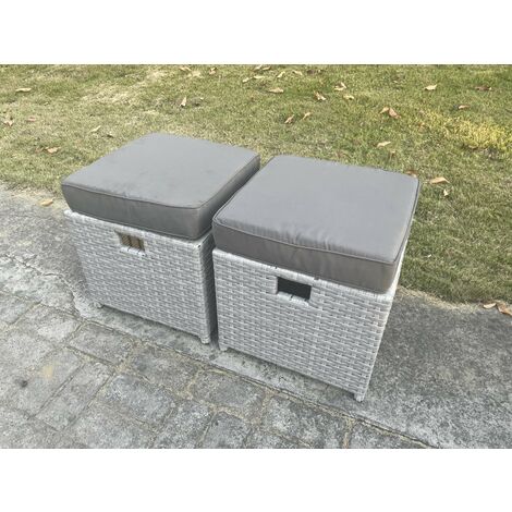 Fimous 2 Pcs PE Rattan Fully Assembled Small Footstool Outdoor Garden Furniture Patio Furniture Light Grey Mixed