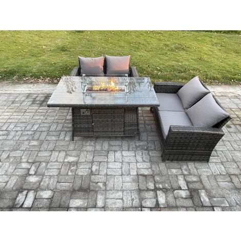 Fimous 3 Pieces Garden Furniture Sets Poly Rattan Outdoor Patio Gas Firepit Dining Table Sofa Set for Garden Backyard Dark Grey Mixed