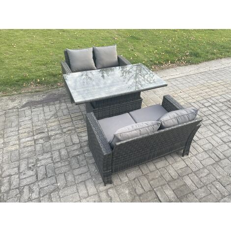 Fimous 3 Pieces Garden Furniture Sets Poly Rattan Outdoor Patio Height Adjustable Rising Lifting Table Sofa Dining Set for Garden Backyard Dark Grey Mixed
