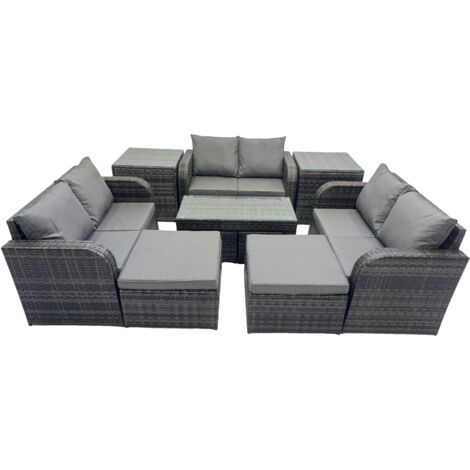Fimous 3 Seater Sofa Reclining Chair Coffee Table Set Rattan Garden Outdoor Furniture Set with 2 Side Table 2 Big Footstools Dark Grey Mixed