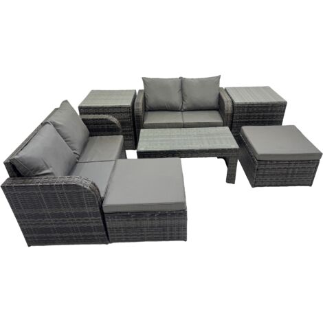 Fimous 3 Seater Sofa Reclining Chair Coffee Table Set Rattan Garden Outdoor Furniture Set with 2 Side Tables 2 Big Stools Dark Grey Mixed