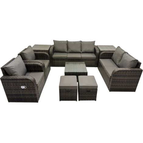 Fimous 3 Seater Sofa Reclining Chair Coffee Table Set Rattan Garden Outdoor Furniture Set with 2 Side Tables 2 Small Stool Dark Grey Mixed
