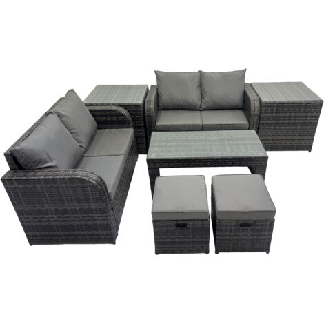 Fimous 3 Seater Sofa Reclining Chair Coffee Table Set Rattan Garden Outdoor Furniture Set with 2 Side Tables 2 Small Stools Dark Grey Mixed