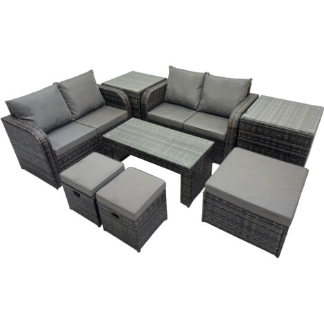 Fimous 3 Seater Sofa Reclining Chair Coffee Table Set Rattan Garden Outdoor Furniture Set with 2 Side Tables 3 Stools Dark Grey Mixed