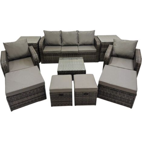 Fimous 3 Seater Sofa Reclining Chair Coffee Table Set Rattan Garden Outdoor Furniture Set with 2 Side Tables 4 Stools Dark Grey Mixed