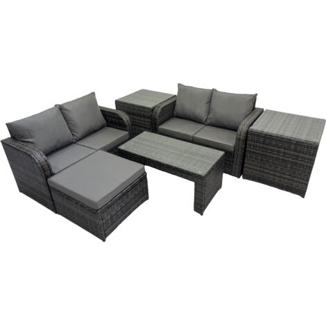 Fimous 3 Seater Sofa Reclining Chair Coffee Table Set Rattan Garden Outdoor Furniture Set with 2 Side Tables Big Stool Dark Grey Mixed