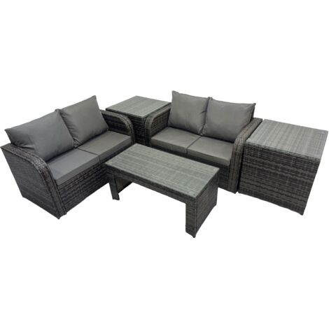 Fimous 3 Seater Sofa Reclining Chair Coffee Table Set Rattan Garden Outdoor Furniture Set with 2 Side Tables Dark Grey Mixed