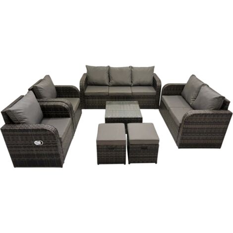 Fimous 3 Seater Sofa Reclining Chair Coffee Table Set Rattan Garden Outdoor Furniture Set with 2 Small Stool Dark Grey Mixed
