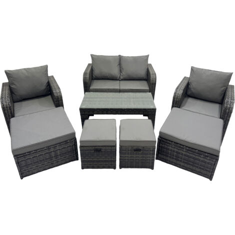 Fimous 3 Seater Sofa Reclining Chair Coffee Table Set Rattan Garden Outdoor Furniture Set with 4 Stool Dark Grey Mixed