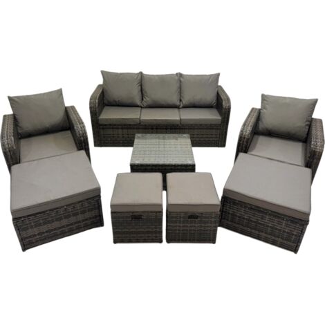 Fimous 3 Seater Sofa Reclining Chair Coffee Table Set Rattan Garden Outdoor Furniture Set with 4 Stools Dark Grey Mixed