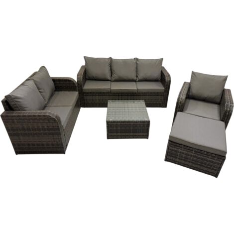Fimous 3 Seater Sofa Reclining Chair Coffee Table Set Rattan Garden Outdoor Furniture Set with Big Stool Dark Grey Mixed