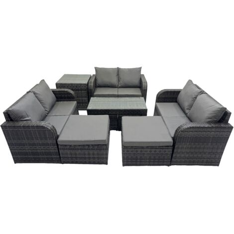 Fimous 3 Seater Sofa Reclining Chair Coffee Table Set Rattan Garden Outdoor Furniture Set with Side Table 2 Big Footstools Dark Grey Mixed