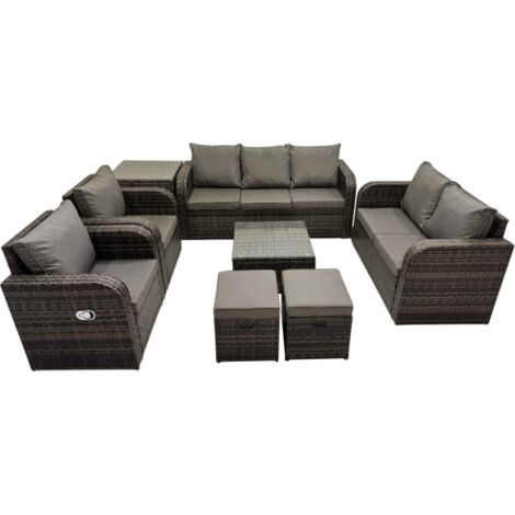 Fimous 3 Seater Sofa Reclining Chair Coffee Table Set Rattan Garden Outdoor Furniture Set with Side Table 2 Small Stool Dark Grey Mixed