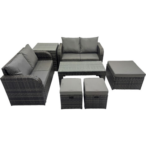 Fimous 3 Seater Sofa Reclining Chair Coffee Table Set Rattan Garden Outdoor Furniture Set with Side Table 3 Stools Dark Grey Mixed