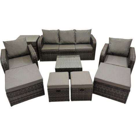 Fimous 3 Seater Sofa Reclining Chair Coffee Table Set Rattan Garden Outdoor Furniture Set with Side Table 4 Stools Dark Grey Mixed