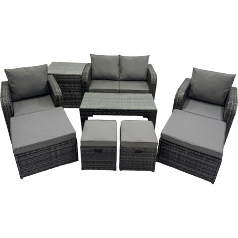 Fimous 3 Seater Sofa Reclining Chair Coffee Table Set Rattan Garden Outdoor Furniture Set with Side Tables 4 Stool Dark Grey Mixed