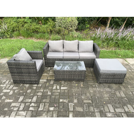 Fimous 4 PCS Ensemble de meubles de jardin en rotin avec Fauteuil Table basse grand tabouret Mélange gris foncé