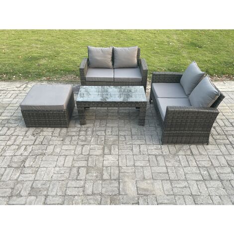 Fimous 4 Pieces Garden Furniture Sets Poly Rattan Outdoor Patio Furniture PE Wicker Furniture Set with Big Footstool Loveseat and Table for Garden Backyard Dark Grey Mixed