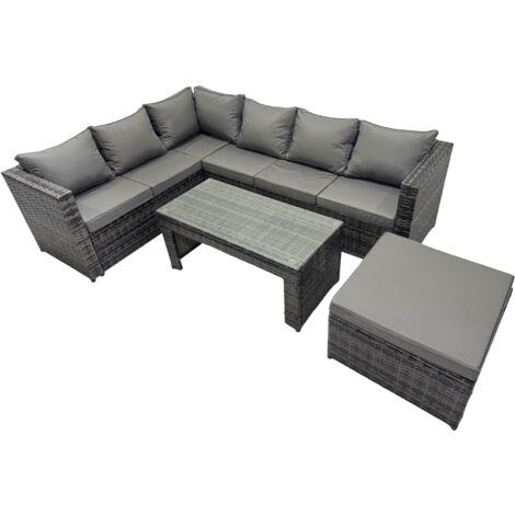 Fimous 4 Pieces Outdoor PE Rattan Garden Furniture Corner Sofa Oblong Coffee Table Set with Cushions Big Footstool Dark Grey Mixed