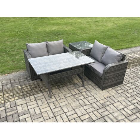 Fimous 4 places Ensemble de meubles de jardin en rotin Table à manger rectangulaire et Loveseat Canapé avec Table d'appoint Gris foncé mélangé