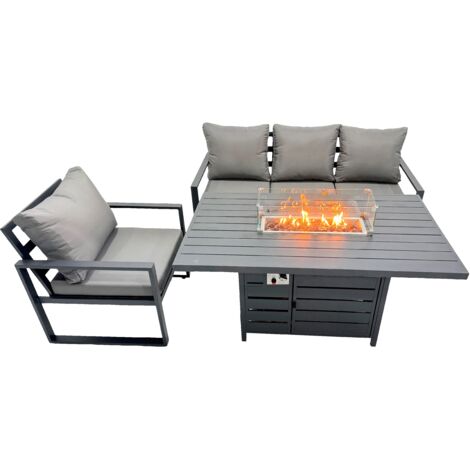 Fimous 4 Seat Outdoor Garden Furniture Set Aluminium Lounge 3 Seat Sofa Gas Fire Pit Table Sets with Chair Dark Grey