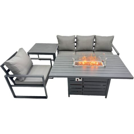 Fimous 4 Seat Outdoor Garden Furniture Set Aluminium Lounge 3 Seat Sofa Gas Fire Pit Table Sets with Chair Side Table Dark Grey