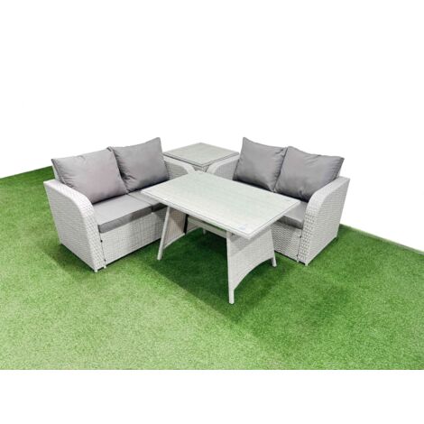 Fimous 4 Seat Outdoor Love Sofa Set Rattan Garden Furniture Set with Rectangular Dining Table Side Table Light Grey
