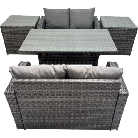 Fimous 4 Seat Outdoor Wicker PE Rattan Garden Furniture Set Dining Table Sofa Sets with 2 Side Tables Dark Grey Mixed