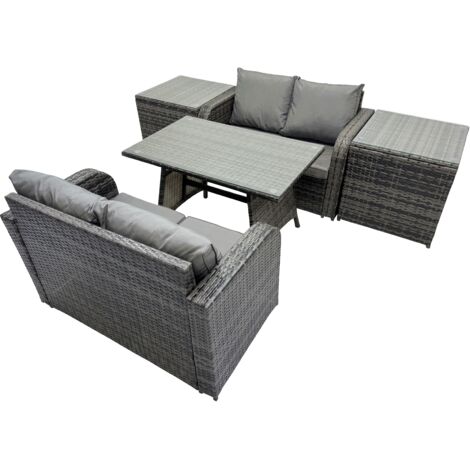 Fimous 4 Seater Garden Outdoor Rattan Furniture Set Rattan Sofa Oblong Dining Table with 2 Side Table Dark Grey