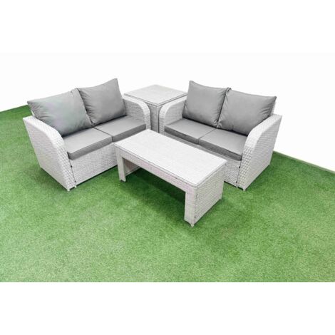 Fimous 4 Seater Outdoor Love Sofa Set Rattan Garden Furniture Set with Oblong Coffee Table Side Table Light Grey