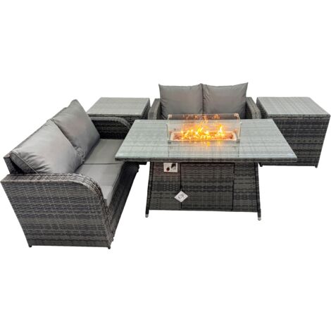Fimous 4-seater Patio Gas Firpit Dining Table Sofa Sets Rattan Garden Furniture Dining Set with 2 Side Tables Dark Grey Mixed