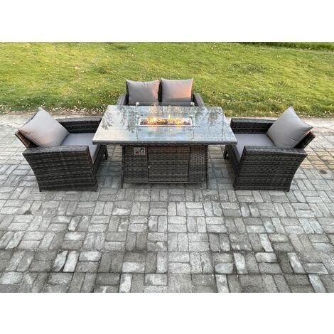 Fimous 4 Seater Outdoor Rattan Sofa Set Garden Furniture Gas Firepit Dining Table Heater Dark Grey Mixed
