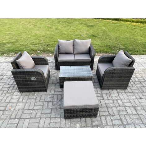 Fimous 5 PC Outdoor PE Rattan Garden Furniture Set Wicker Love Sofa Coffee Table 2 Armchair Big Footstool Dark Grey Mixed