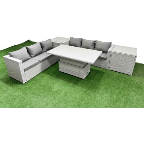 Fimous 5 PCs Rising Dining Table Set Rattan Furniture Set with 3 Seater Sofa 2 Side Tables Light Grey