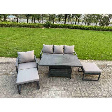 Fimous 5-Piece Aluminium Garden Furniture Sets 6 Seater Outdoor Conversational Dining Set with Adjustable Rising Lifting Dining Table