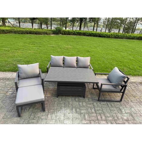 Fimous 5-Piece Aluminium Garden Furniture Sets 6 Seater Outdoor Sofa Set with Adjustable Rising Lifting Dining Table 2 Chairs Big Footstool