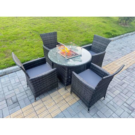 Fimous 5-Piece PE Rattan Garden Furniture with Big Round Gas Firepit Table and 6 Chairs for Patio Dark Grey Mixed